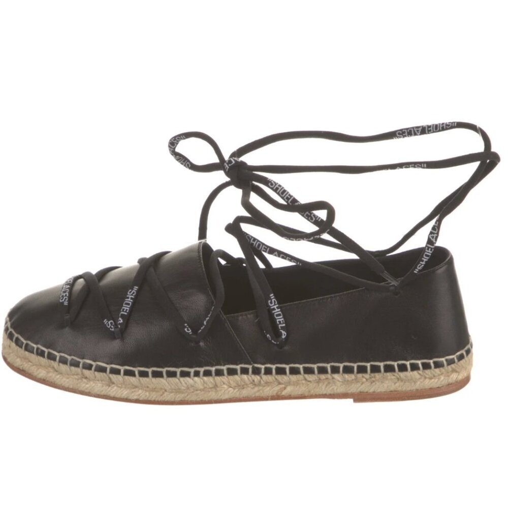 Off-White Black Leather Lace Up Summer Vacation Espadrille Flats Size EU 39 - Picture 1 of 8
